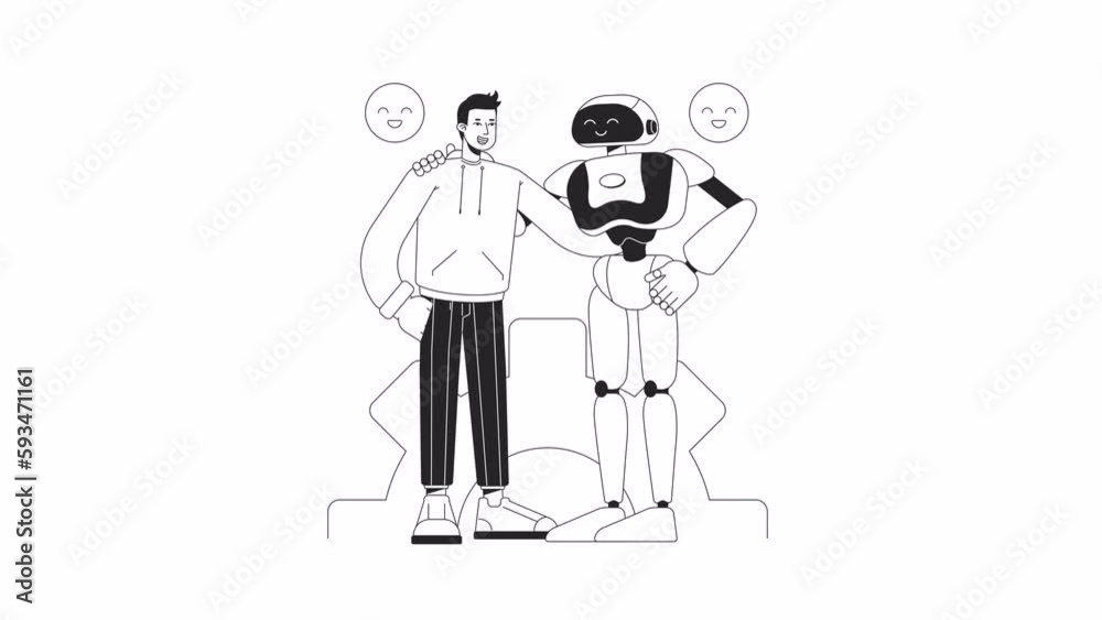 Poster human robot interaction bw animation. animated robotic engineer and machine 2d flat monochromatic th