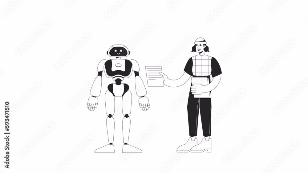Poster ai machine learning bw animation. animated ai teacher and robot 2d flat monochromatic thin line char