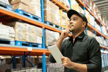 Warehouse worker wearing a hat and black shirt hands holding tablet check stock on tall shelves in warehouse storage. Asian auditor or staff work looking up stocktaking inventory in warehouse store.