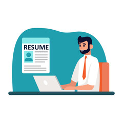 Cartoon character of professional HR manager selecting resumes. Human resource management representative. Specialist engaged in selection of job candidates. Vector