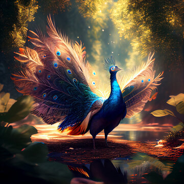 A beautiful peacock dancing in a forest