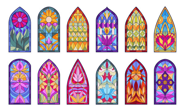 Stained glass windows. Mosaic church windows, decorative cathedral stained glasses flat vector illustration set. Geometry and floral design windows