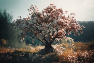 Fototapeta na wymiar a blossoming tree in the background of a natural scene. Generative AI
