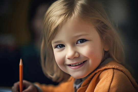 a playful young girl wearing orange jacket working on homework in the classroom smiling, blonde kindergarten girl hold upside down pencil to draw with cheerful mood, generative ai