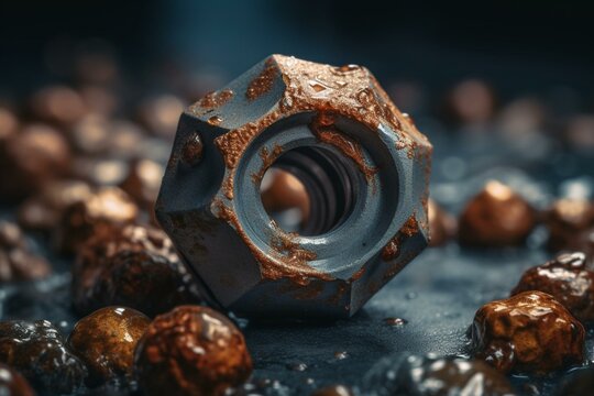 Close up of metal rusted nut on gray rock, created using generative ai technology