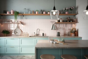 Fototapeta na wymiar Mockup interior kitchen in pastel colors. 3D render, 3d illustration. Generative AI
