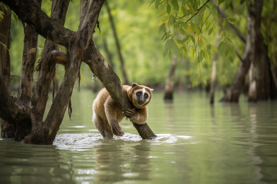 a slow loris in a tree caught in a flood