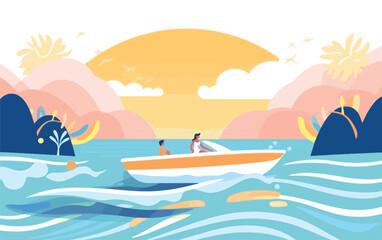 Fototapeta na wymiar Person enjoying a light summer day out on a speedboat with the sun shining bright and waves splashing around. Flat vector summer watersport illustration concept. Gadget-free vacation