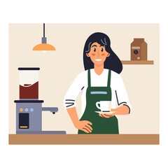 Cartoon character of friendly woman making coffee at cafe. Preparing latte using machine. Working as professional barista. Experienced coffee shop worker. Vector