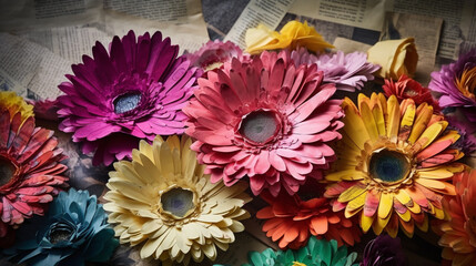 collage made of magazines and colorful paper mood. gerbera flowers