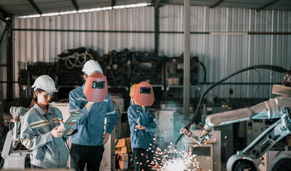 The robotics technician supervisor guides the trainees how to automate, configure, and access to a welding process via a control panel display. The manufacturing lines are reliable and repeatable.