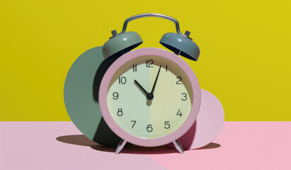 Alarm clock on a pink and yellow background. It shows exact time and has two bells. metal legs. hour minute alarm hands. High quality 3d illustration