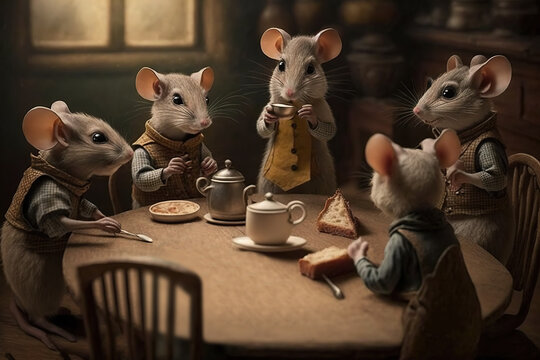 A family of mice have dinner at the table. Fairy image created with Generative AI technology.