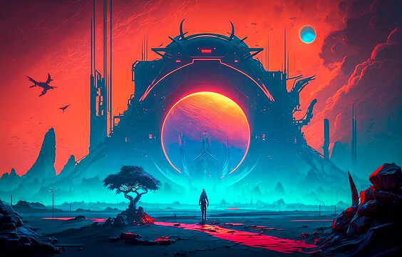 Alien Neon Landscape. Generative AI.
A digital science fiction painting of an alien landscape with neon coloring.