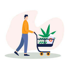 Cartoon character of young man buying cannabis for medical use. People supporting legality of cannabis. Marijuana legalization business. Cannabidiol acid drug. Vector