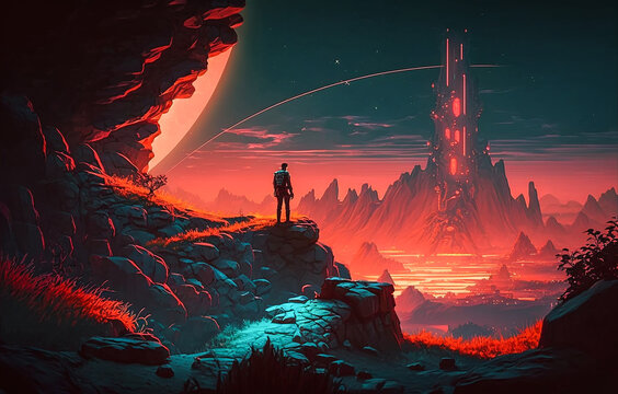 Alien Neon Landscape. Generative AI.
A digital science fiction painting of an alien landscape with neon coloring.