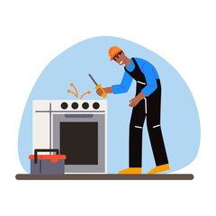 Cartoon character of young black man installing new kitchen stove. Process of making home repair. Apartment renovation idea. Professional repairman at work. Vector