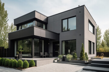 Fototapeta na wymiar A contemporary house with sleek lines and minimalist design, featuring large windows that provide ample natural light. The exterior is painted in a cool grey with accents of white, generative AI