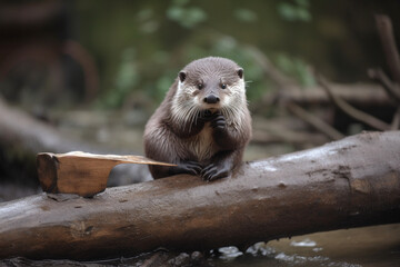 cute otter biting wood