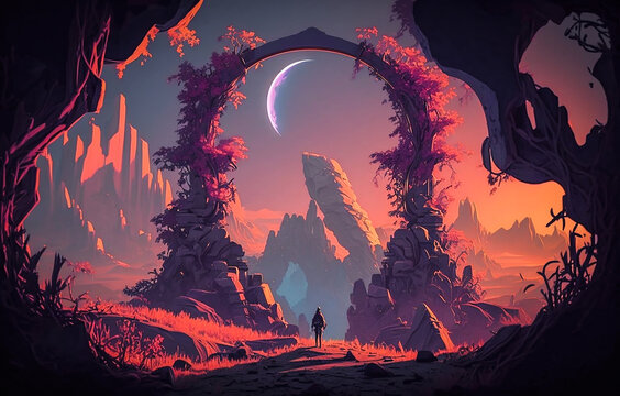Alien Neon Landscape. Generative AI.
A digital science fiction painting of an alien landscape with neon coloring.