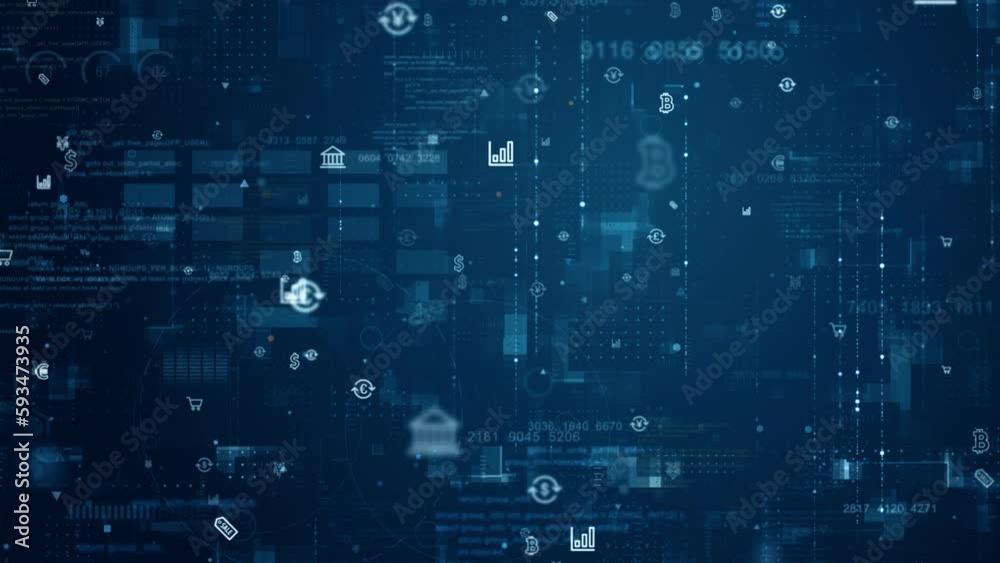 Wall mural motion graphic of blue money icon and data matrix simulation digital grid line with futuristic hud s