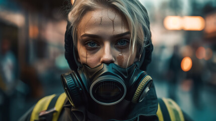 Obraz na płótnie Canvas Portrait of female firefighter in protective clothing. Girl's face stained in soot after extinguishing fire. Generative AI.