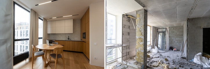 Comparison of freshly renovated apartment with marble floor, old place with underfloor heating pipes. Modern empty flat with stylish design before and after restoration. Concept of home refurbishment.