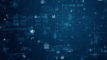 Motion graphic of Blue money icon and data matrix simulation digital grid line with futuristic HUD screen on blue abstract background technology and cryptocurrency concept - Powered by Adobe