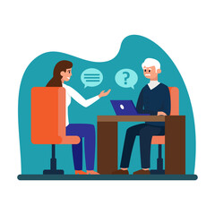 Cartoon characters of experienced male hiring manager conducting interview with job candidate. Human resource management team. Headhunting business representative. Vector