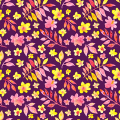 Seamless pattern of watercolor pink and yellow flowers and leaves. Hand drawn illustration. Botanical hand painted floral elements on purple background.