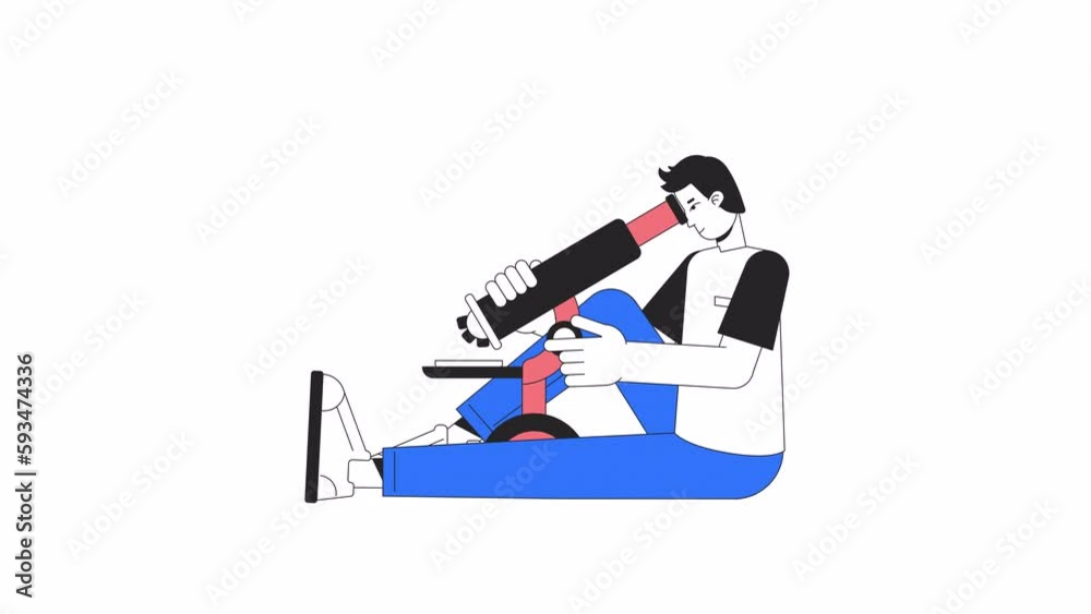 Poster man adjusting microscope animation. lab worker analyzing sample isolated 2d cartoon flat colour line