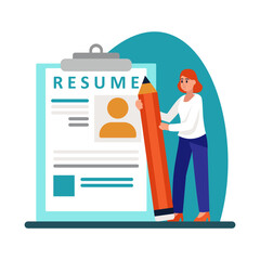 Cartoon character of young woman creating her resume. Preparation for meeting with headhunting business representative. Lifestyle of job seekers. Vector