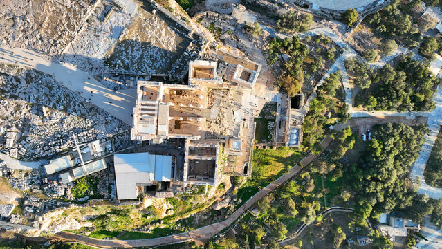Aerial drone top down photo of Acropolis propylaea propylea or propylaia entrance gateway as seen on a beautiful spring morning, Athens, Attica, Greece