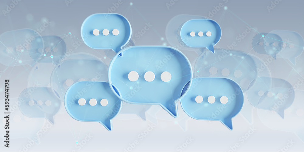 Wall mural minimalist blue and white speech bubbles talk icons floating over grey background. modern conversati