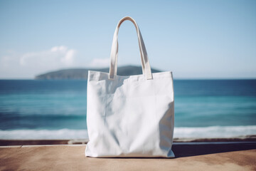 Blank Eco Cotton Tote Bag with Sea Background. White Shopper Mock-up. Summer Vacation. Generative AI. - obrazy, fototapety, plakaty