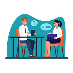 Cartoon characters of male hiring manager talking with female job candidate. Human resource management team. Headhunting business representative. Vector