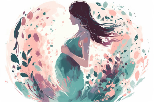 Silhouette of faceless pregnant woman in dress, flowers. Abstract art illustration of femininity, pregnancy. Generative AI