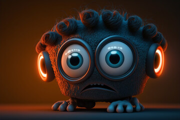 Cute monster with big glossy eyes looking like a video games character. Colorful lights and cartoon style. Generative ai