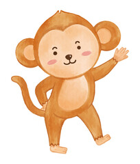 Monkey . Watercolor paint design . Cute animal cartoon character . Raise hand position . Vector .