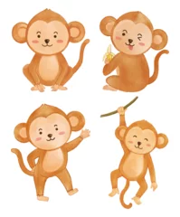 Fototapete Affe Monkey . Watercolor painting design . Set of cute animals cartoon characters . Vector .