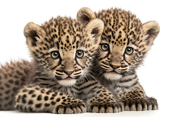 Fototapeta premium Two baby leopard cubs cuddle together on a white background. Generative AI
