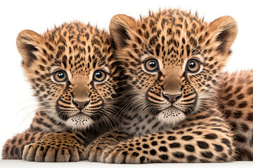 Fototapeta na wymiar Two baby leopard cubs cuddle together on a white background. Generative AI