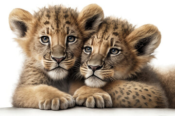 Two baby lions cubs cuddle together on a white background. Generative AI