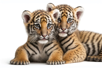 Obraz premium Two baby tigris cubs cuddle together on a white background. Generative AI