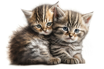 Obraz premium Two baby cats cubs cuddle together on a white background. Generative AI