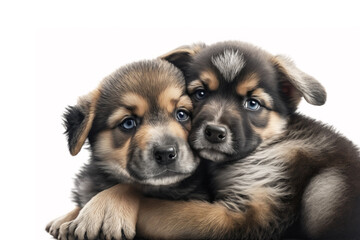 Two baby dog cubs cuddle together on a white background. Generative AI
