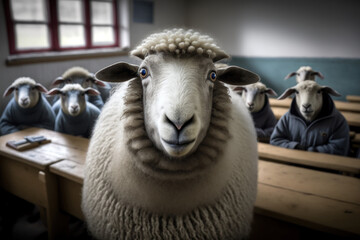 Sheep in a classroom. Generative AI - obrazy, fototapety, plakaty