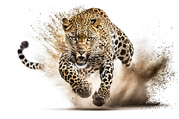 Cheetah running on camera isolated on white background.. Generative AI