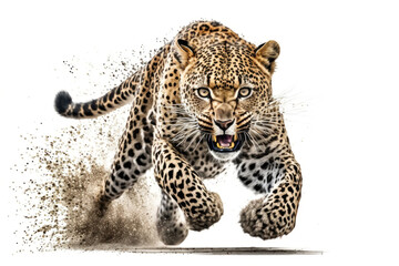 Fototapeta premium Cheetah running on camera isolated on white background.. Generative AI