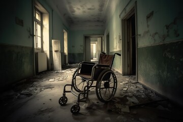 Fototapeta na wymiar wheelchair in a ruined hospital generative AI tools